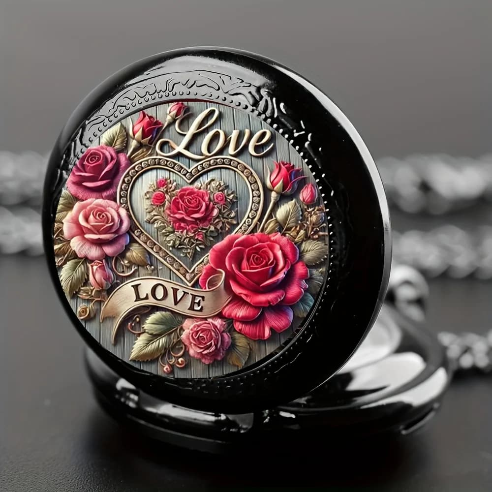 Collier de montre de poche élégant en forme de cœur avec boîtier en alliage, design floral rose et mouvement à quartz-bijoux pour femmes