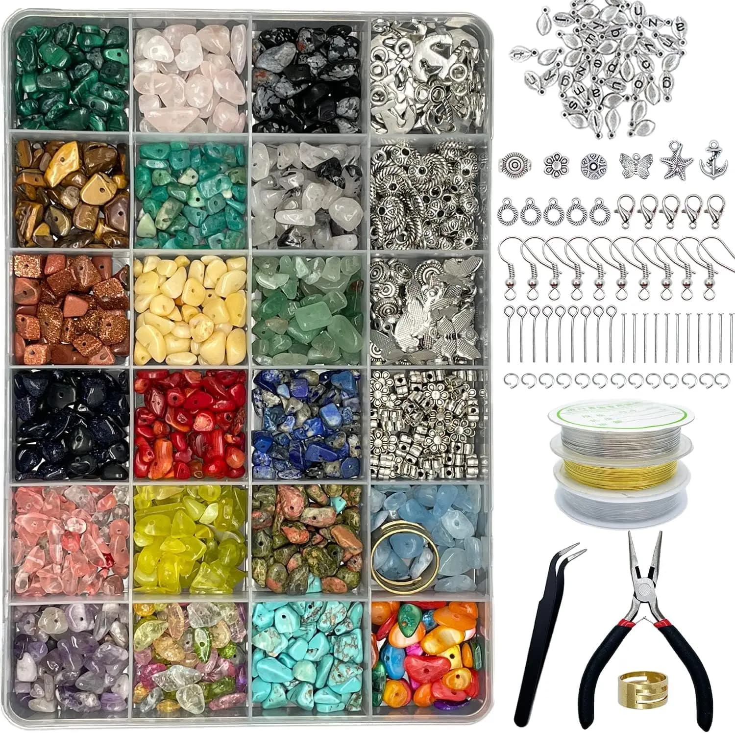 Kit de fabrication de bijoux, 1587 pièces, ensemble de fabrication de bracelets à breloques faits à la main, perles de pierre pour adultes, bracelet/collier/boucles d'oreilles/bague à faire soi-même