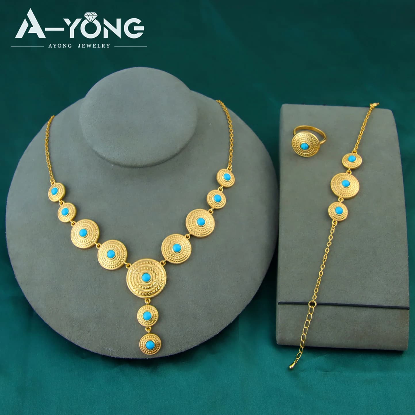 Ensemble de bijoux Turquoise plaqué or 24 carats