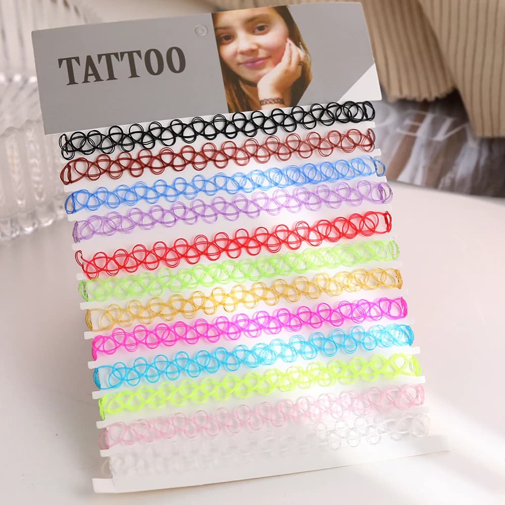Collier ras du cou élastique pour tatouage, 12 pièces, mélange de couleurs, Vintage, Hippy, extensible, ligne de pêche, bricolage