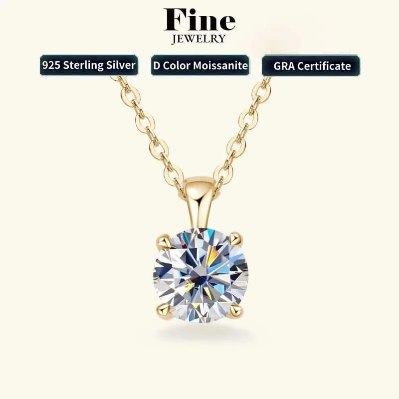 Colliers solitaire Moissanite 6.5mm 1.0 Carat D, pendentif plaqué or 18 carats, chaîne originale en argent 925 véritable, bijoux pour femmes