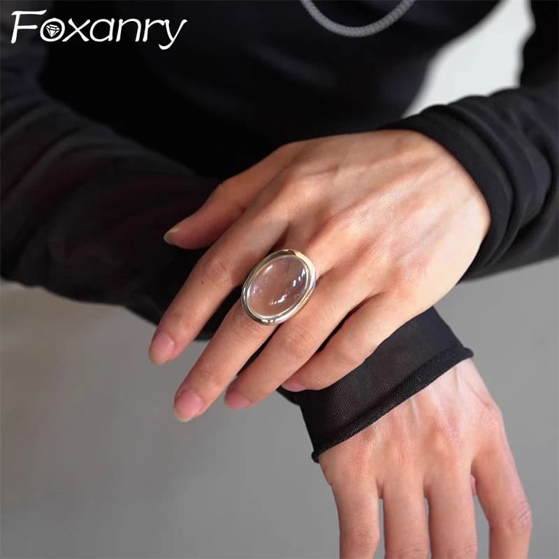 Foxanry couleur argent Ellipse cristal anneaux pour femmes Simple exagéré élégant Vintage tempérament fiançailles bijoux cadeaux