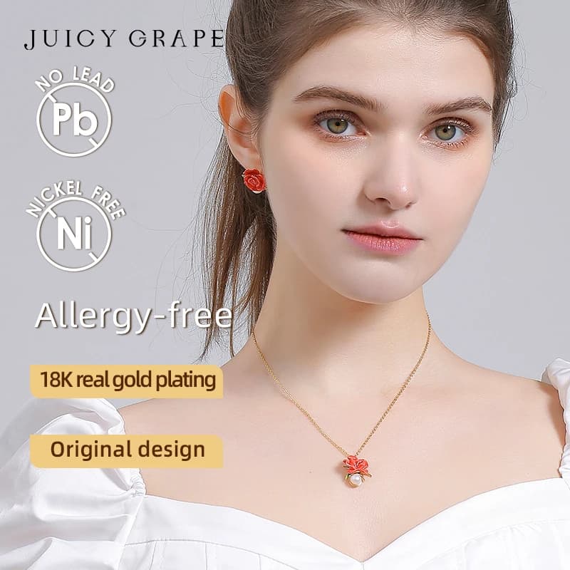 Collier de perles de Rose rouge de raisin juteux pour femmes, collier de fleur de Rose douce et élégante, émail plaqué or 18 carats, cadeau fait à la main pour fille