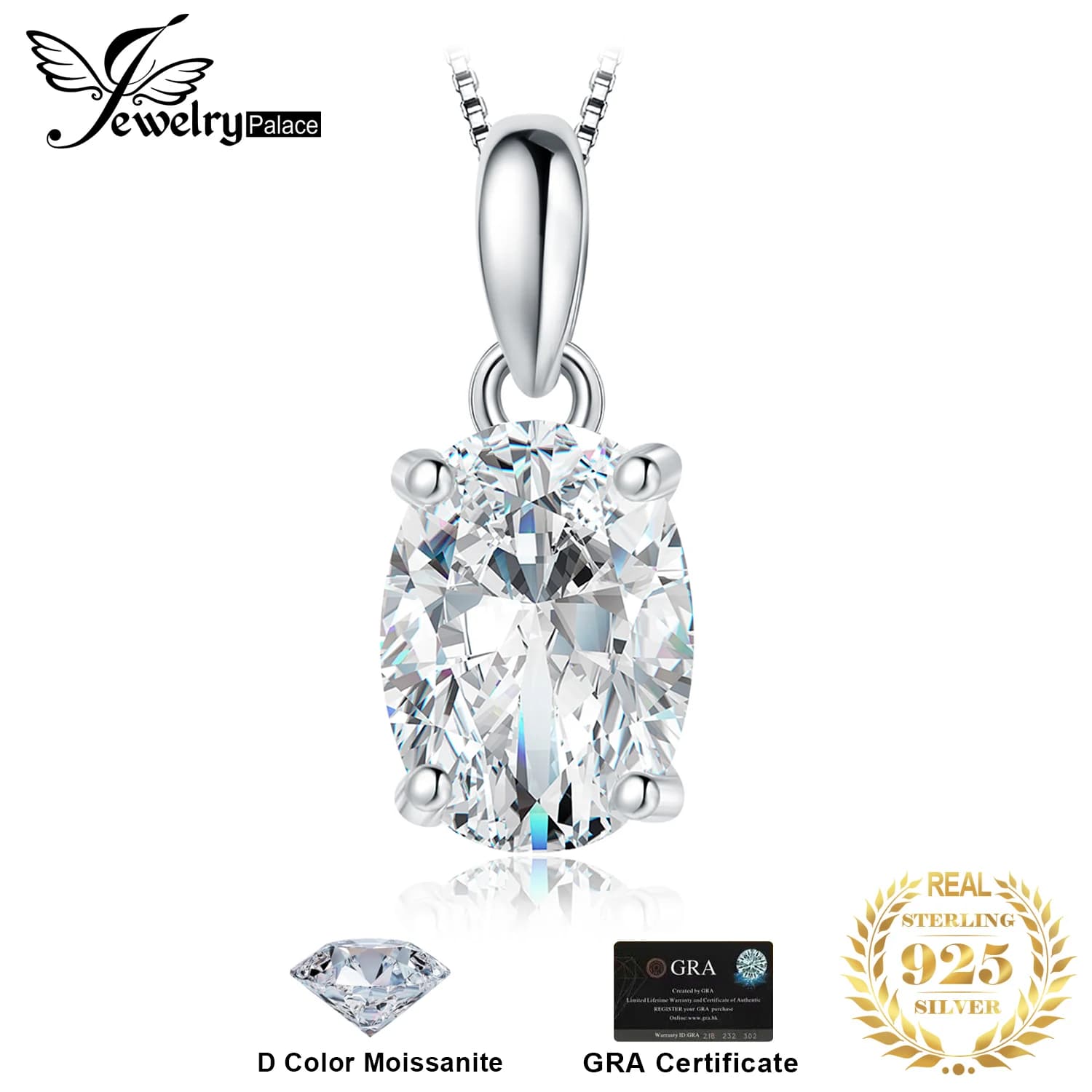 JewelpopPalace-Collier Pendentif Ovale en Argent Sterling S925 pour Femme, Plaqué Or Rose Jaune, Moissanite D document 1ct 2ct