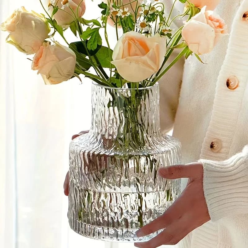 Vase en verre texturé glacier fait à la main, calibre 8 cm/3,15 pouces pour motif floral à large bouche pour décorer les salons et les tables à manger
