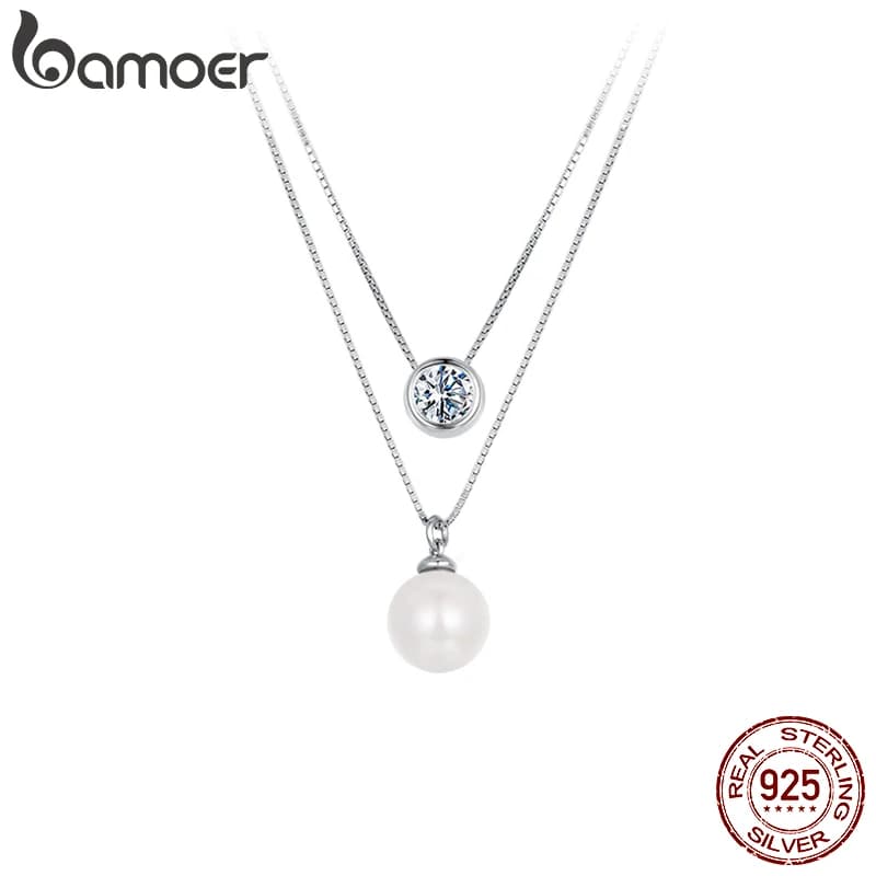 BAMOER Moissanite colliers de perles pour femmes, délicat 925 en argent Sterling tour de cou Double couche collier élégant bijoux colliers