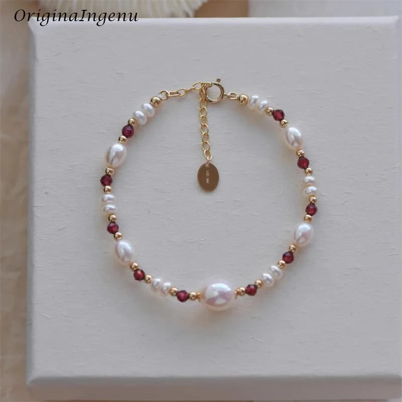 Bracelet en Grenat Naturel Rempli d'Or 14K, Perles Biologiques Faites à la Main, Étanche, Bijoux de Style Boho