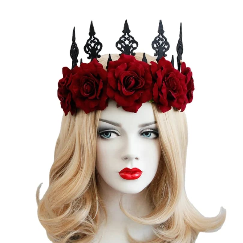 Diadème de couronne de bijoux de cheveux de fleur de rose rouge pour des femmes, accessoires gothiques féminins, ornements de cheveux de mariage, bijoux de tête de reine de princesse