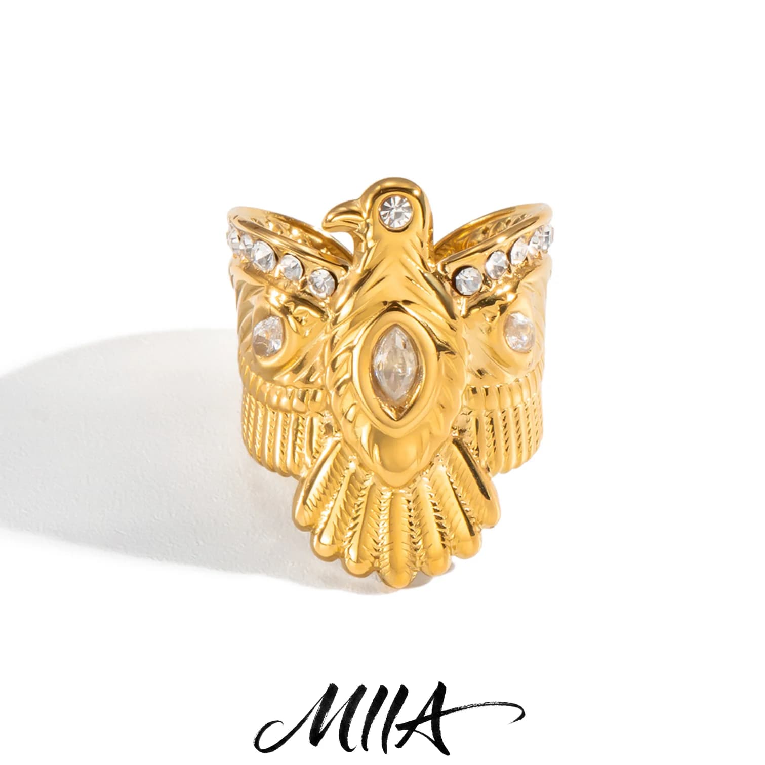 Bague Ouverte Aigle Couleur Or Miia avec Zircon Blanc, Bijou Fantaisie Personnalisé Style Punk, Accessoire de Mode Animalier