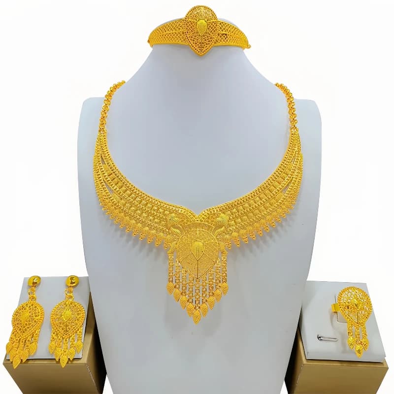 Ensembles de bijoux de mariage, collier, boucles d'oreilles, bague, mains, alliage, dubaï, arabie saoudite, accessoires de bijoux à la mode, 4 pièces/ensemble