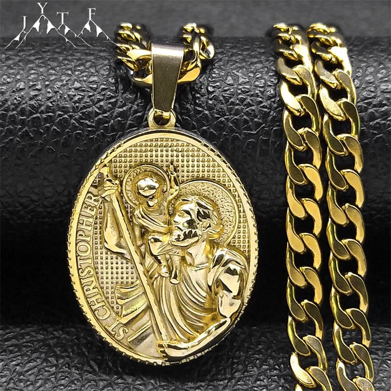 ST.Christopher protéger nous médaille collier pour hommes Saint Christopher acier inoxydable plaqué or colliers religieux bijoux NZZ467