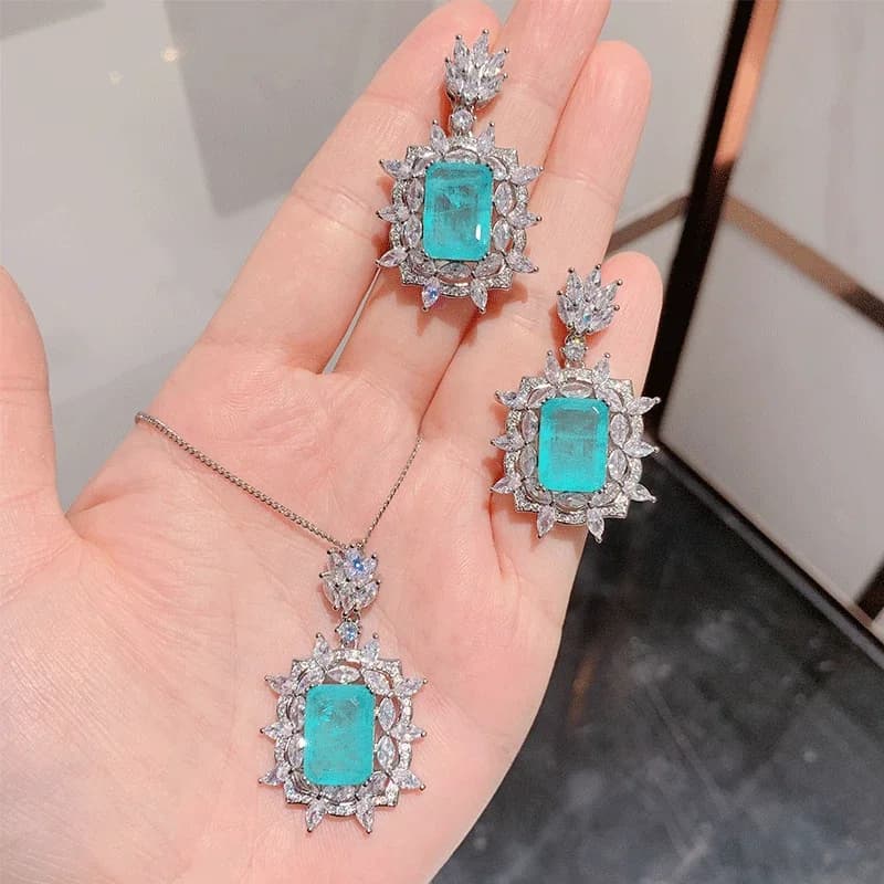 Boucles d'oreilles en Tourmaline de cristal Paraiba émeraude, collier, bague réglable pour femmes, fiançailles, mariage, mode fleur, bijoux cadeau