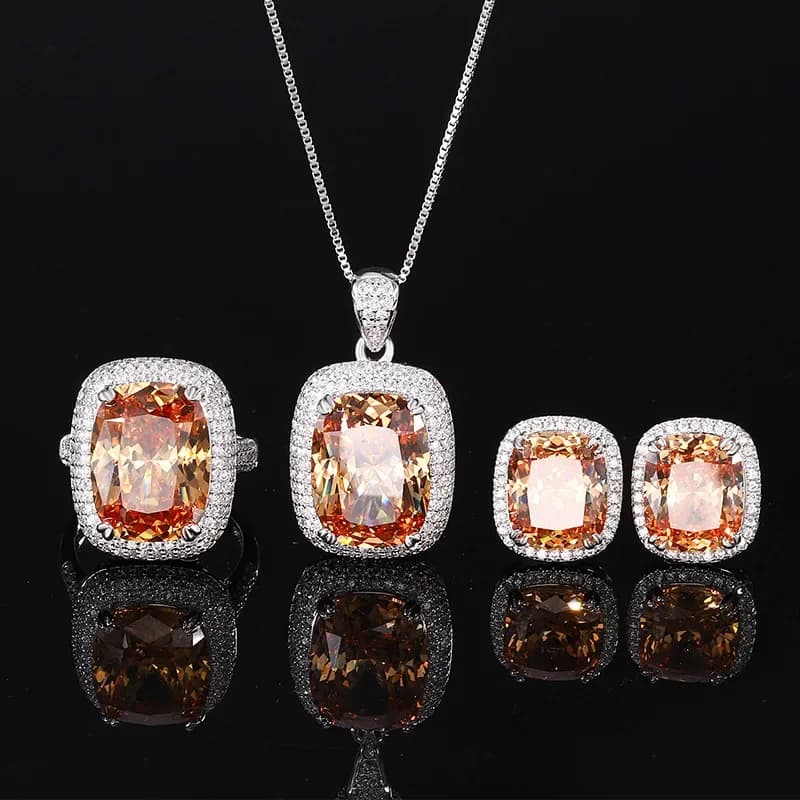 Bijoux de Haute Qualité en Pierre Carrée, Coupe Coussin, avec Bague Réglable, Boucles d'Oreilles, Collier, Accessoires de Luxe