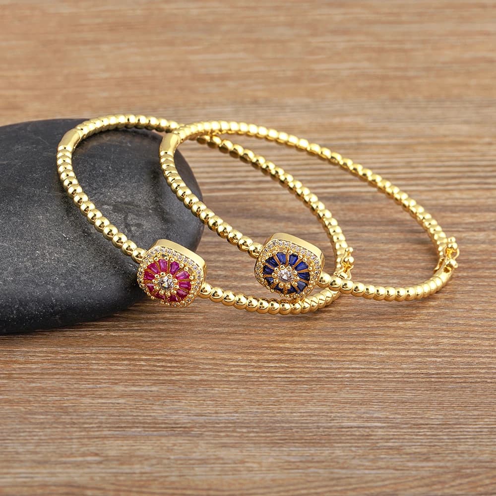 AIBEF – ensemble de bijoux couleur or pour femmes, fleur, pierre de Zircon, perles, bracelets circulaires, anneaux ouverts, cadeau d'anniversaire réglable