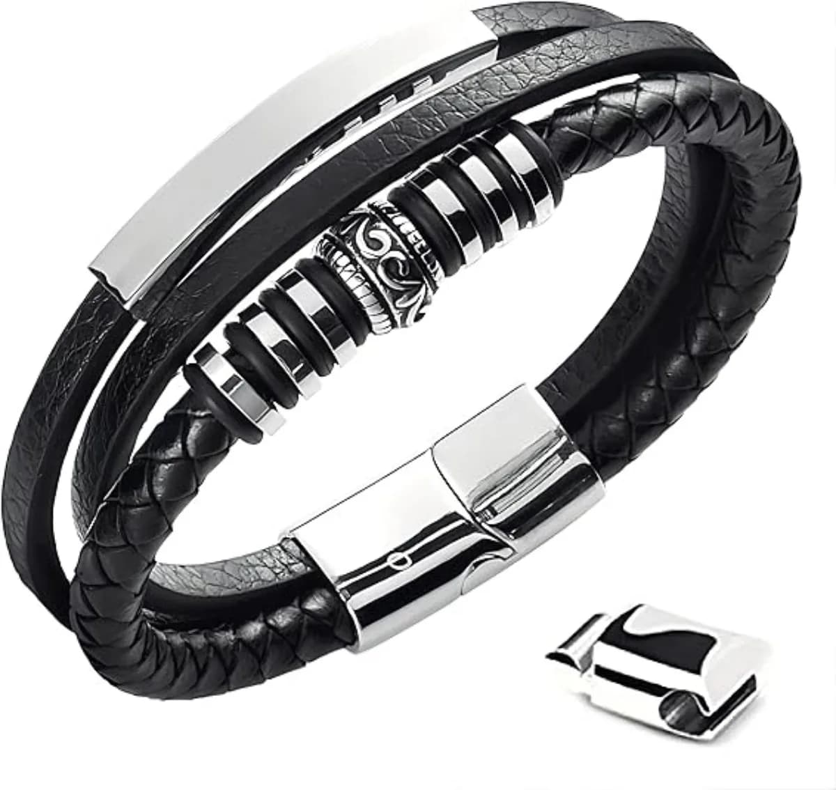 Bracelets en cuir tendance pour hommes, en acier inoxydable, corde tressée multicouche de 21CM, bijoux cadeaux