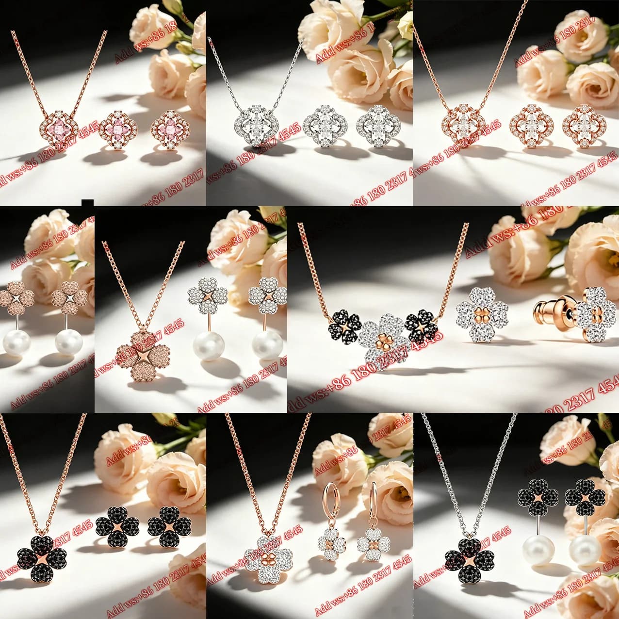 Ensemble de bijoux en zircone cubique à motif de trèfle, collier et boucles d'oreilles, élégant et raffiné, pour les fêtes et le quotidien
