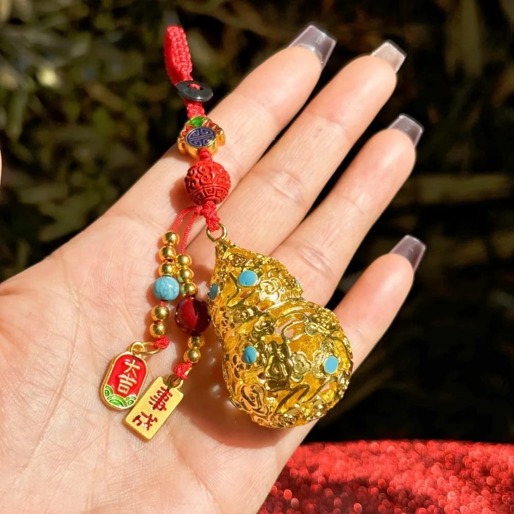 Porte-clés Gourde Style Chinois, Pendentif Creux Doré, Chaîne de Téléphone, Décoration de Sac, Breloques pour Sac à Dos, Décoration de Porte-clés de Voiture en Forme de Gourde