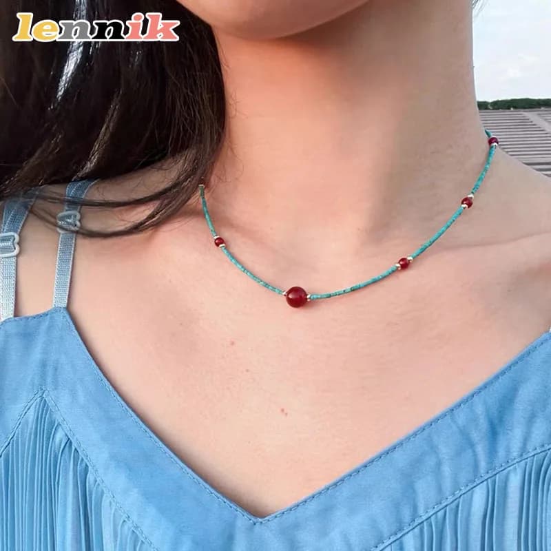 LENNIK Collier plaqué or turquoise afghan, pendentif minimaliste cornaline, bijoux pour femmes de style chinois, bijoux élégants quotidiens