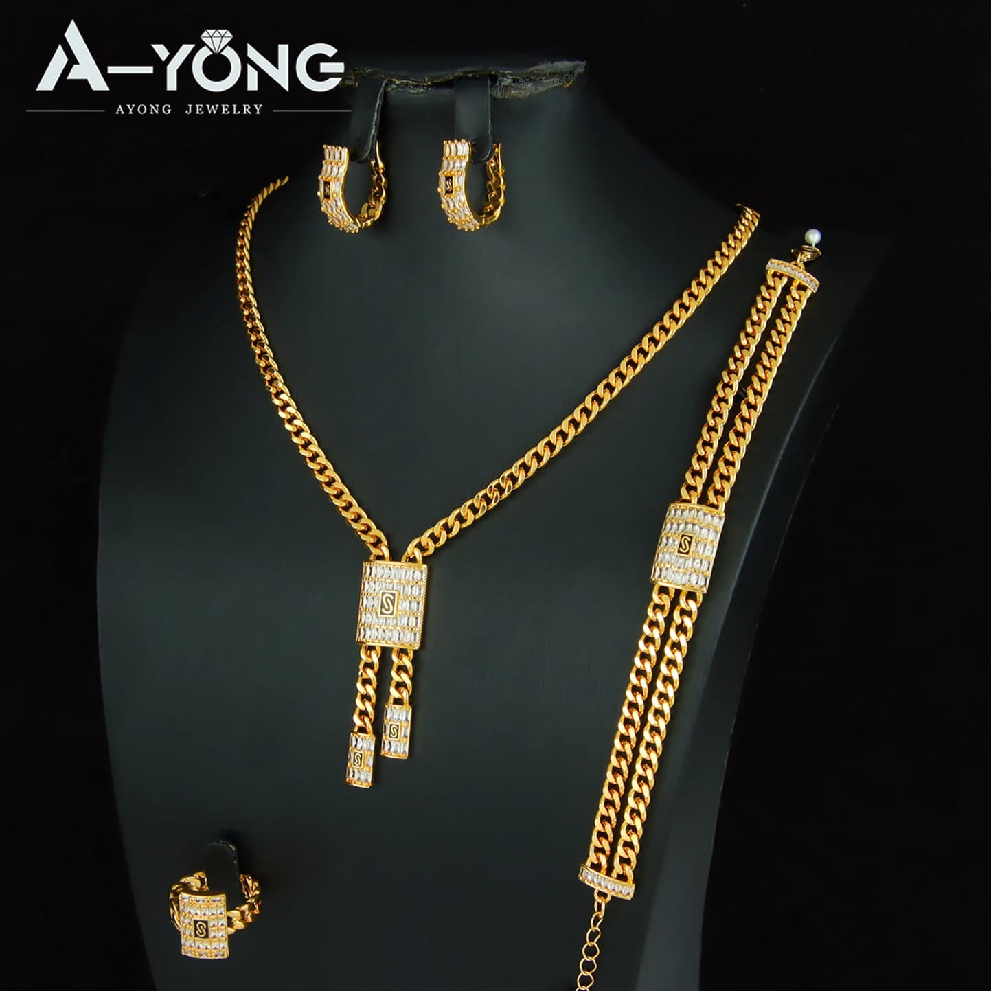 Parure de bijoux en zircone de mode italienne, plaqué or 24 carats, style Dubaï Hip Hop Cuban Monaco, pour femmes arabes, pour événements et fêtes, bijoux punk