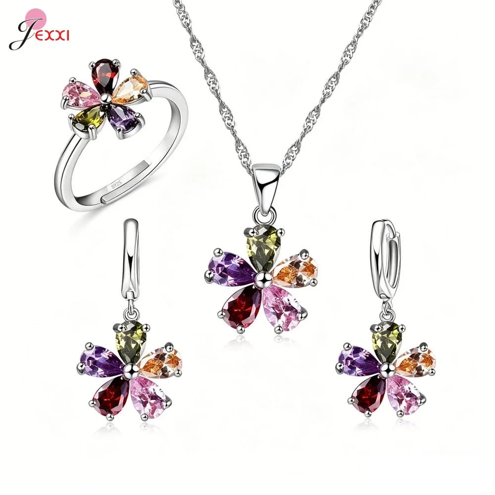 Parure de bijoux en argent sterling 925 véritable, motif floral coloré, avec pendentif fleur multi-pierres, collier, boucles d'oreilles huggie et bague ouverte