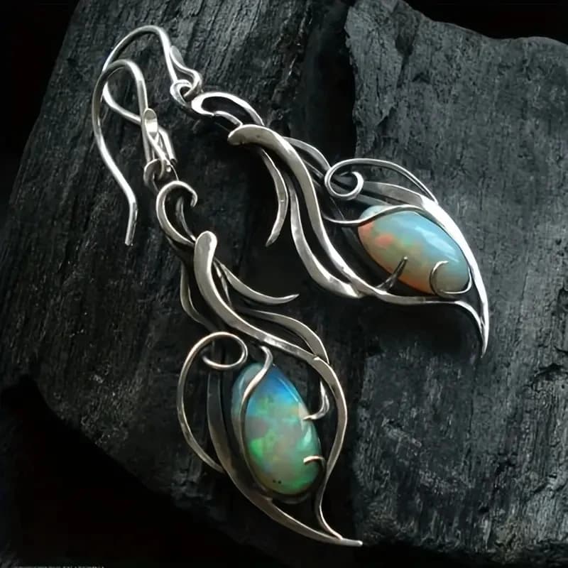 Boucles d'oreilles pendantes en opale bohème - Bijoux élégants plaqués argent pour les fêtes et les occasions spéciales E1238-1