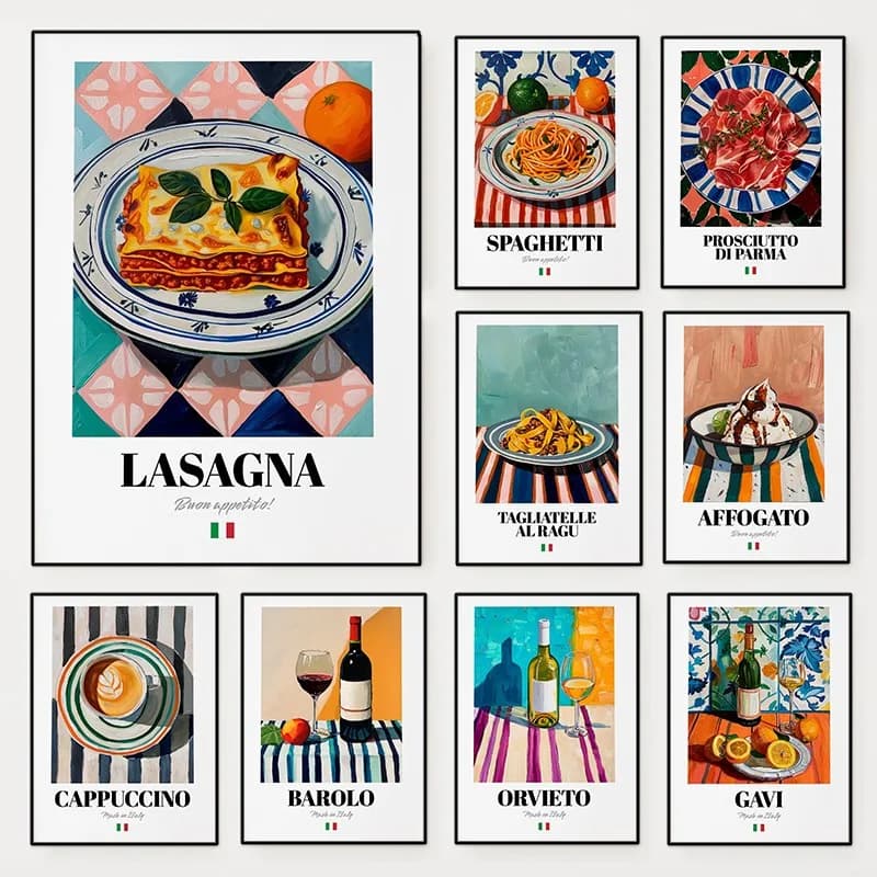 Affiche colorée de nourriture italienne, Dessert et boisson, peinture sur toile culinaire italienne, Art mural pour Bar, cuisine, salle à manger, décoration de maison
