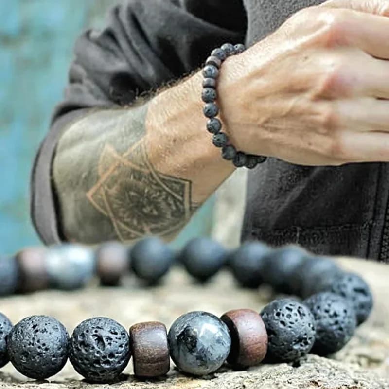 Bracelet en Pierre Volcanique pour Homme, Perles en Bois de Lave, Bouddha Tibétain, artificiel astique, Fait à la Main, 8mm