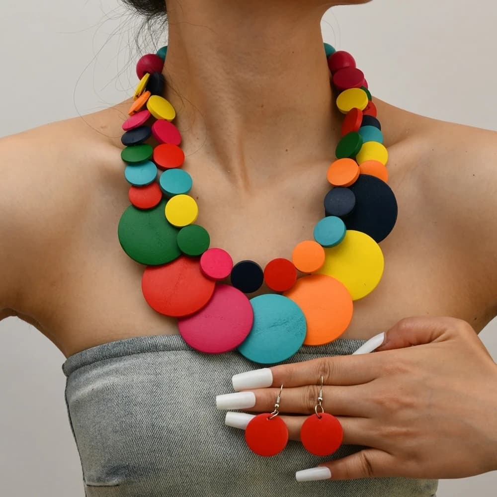 Bijoux africains bohème couleur géométrique ronde perles en bois fait à la main collier et boucles d'oreilles accessoires de fête pour femmes