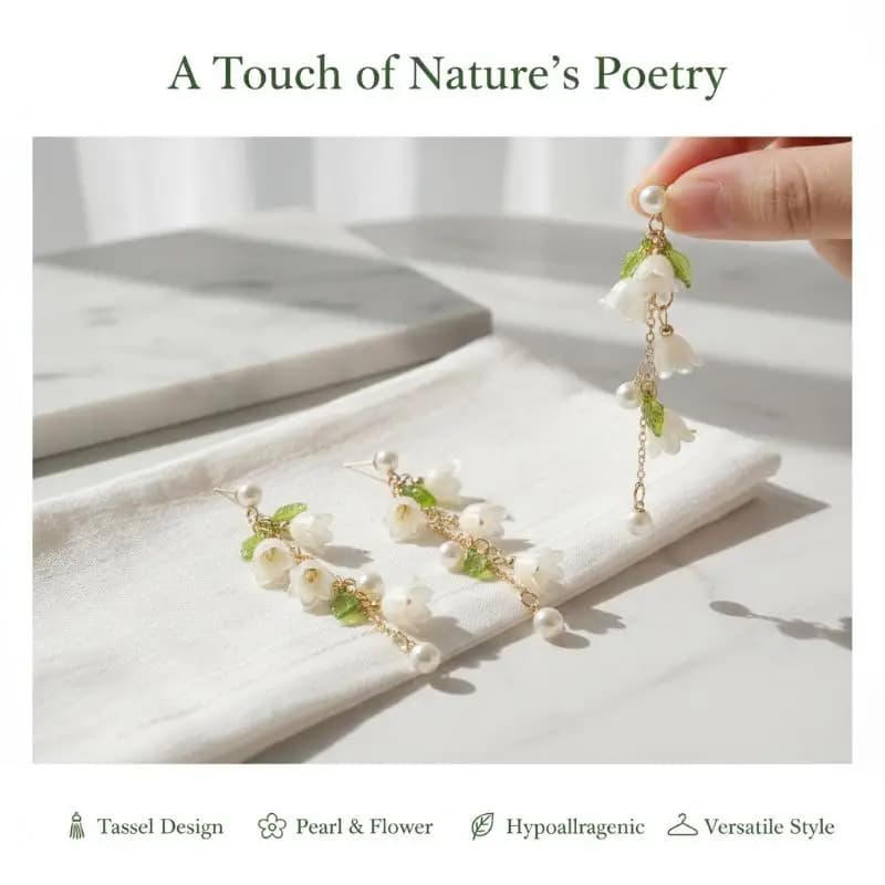 Bijoux féminins tendance 2026 : Bracelet et longues boucles d'oreilles « Muguet et Perle Verte »