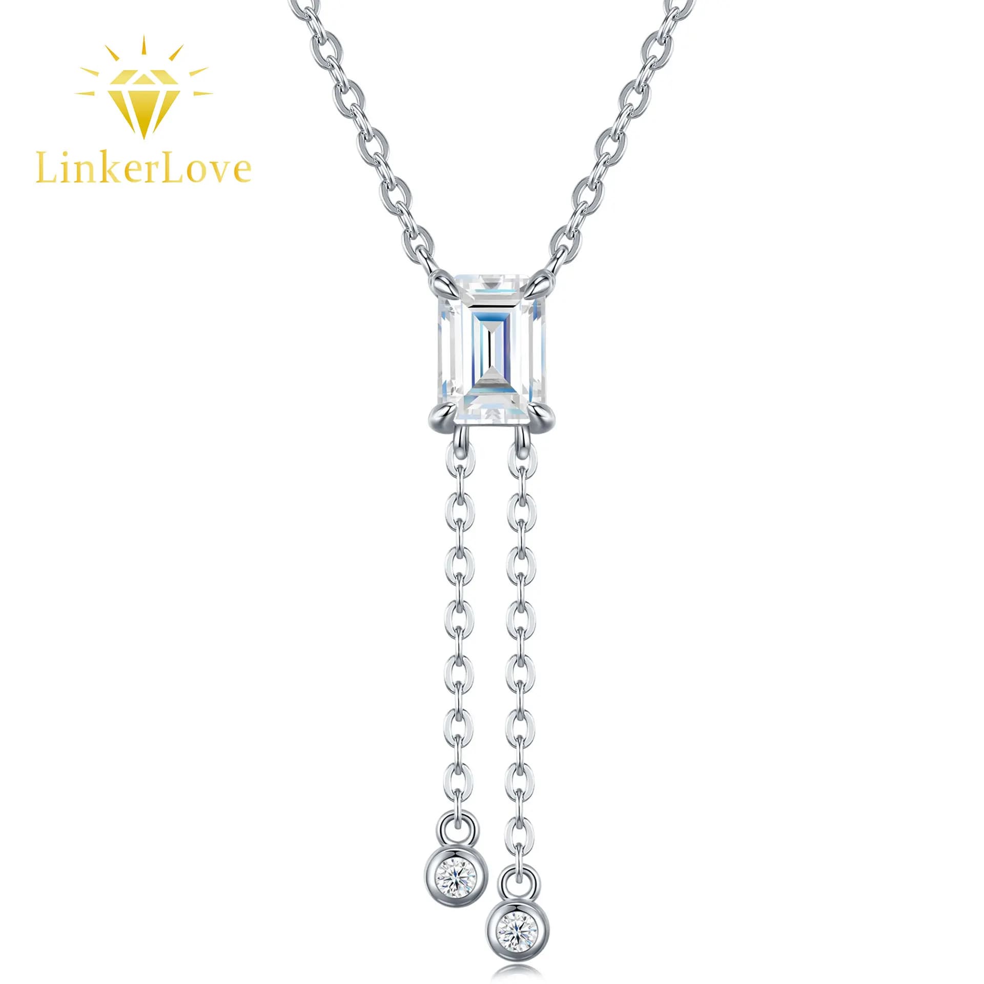 Collier pendentif en moissanite taille émeraude en argent S925 LinkerLove pour femme, plaqué or blanc, collier Y Lariat, bijoux fins pour soirée