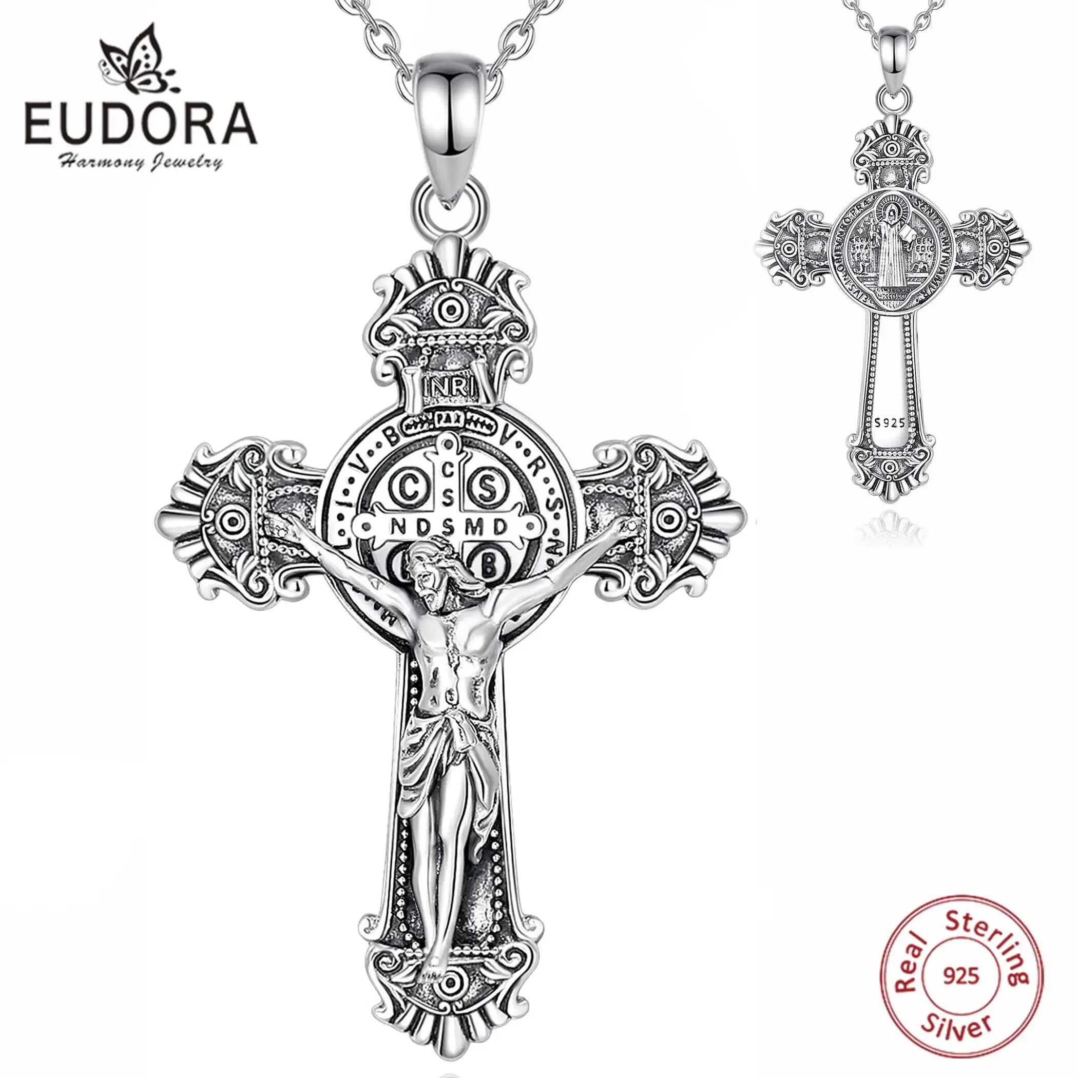Eudora-Collier médaille Saint Benoît en argent regardé 925 pour hommes et femmes, amulette croix San Benoît, pendentif bijoux religieux, cadeau