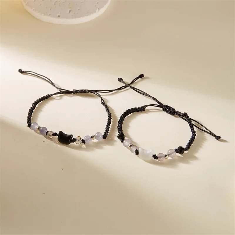 Bracelet de couple de chat noir et blanc pour femmes et hommes, ULtressée à la main, breloque réglable, cadeau de bijoux de navire de chia, mignon
