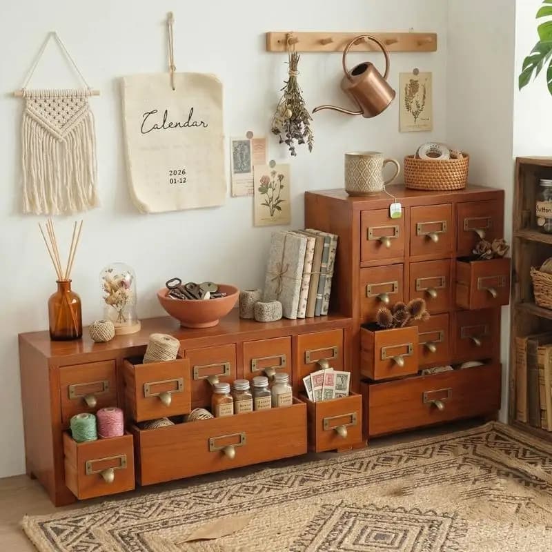 Boîte rangement artisanale à 9 tiroirs, organisateurs bureau en bois pour papeterie, cosmétiques fournitures bureau