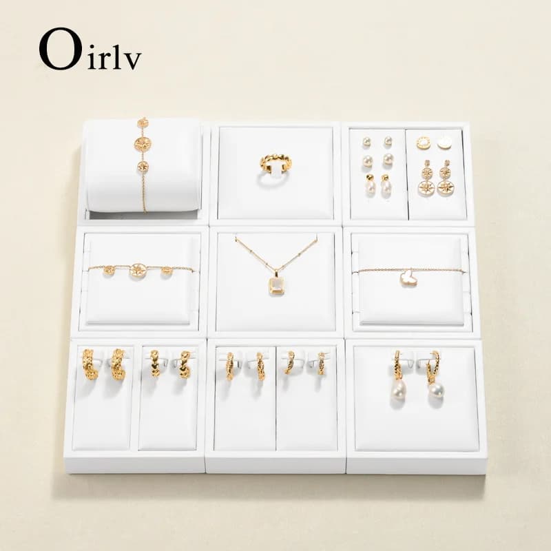 Oirlv-Ensemble d'affichage de bijoux en cuir blanc, vitrine d'armoire de magasin, accessoires d'affichage de collier, buste de bijoux, boucles d'oreilles et bracelet