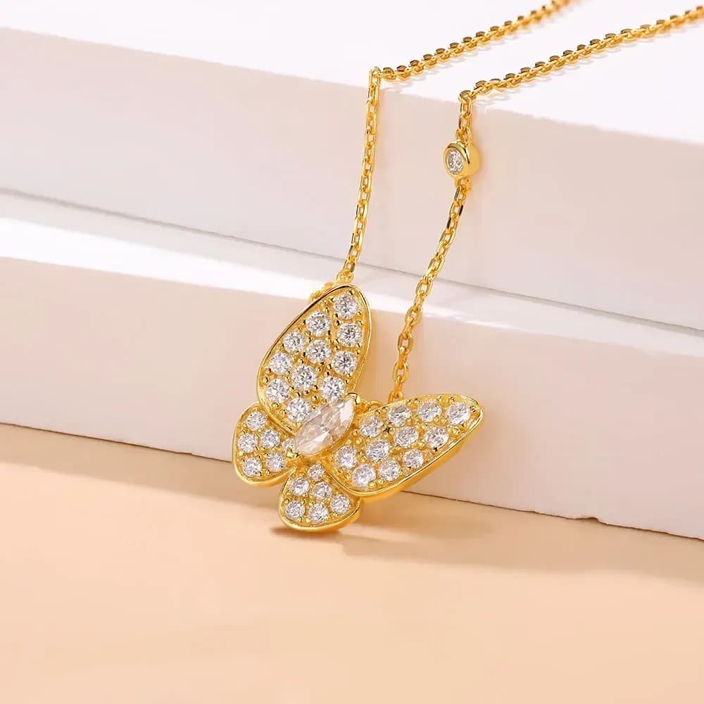 Collier Moissanite en Argent Sterling 925, Pendentif Papillon Coupe Marquise, Plaqué Or Blanc 18K, Réglable, Bijoux de Luxe
