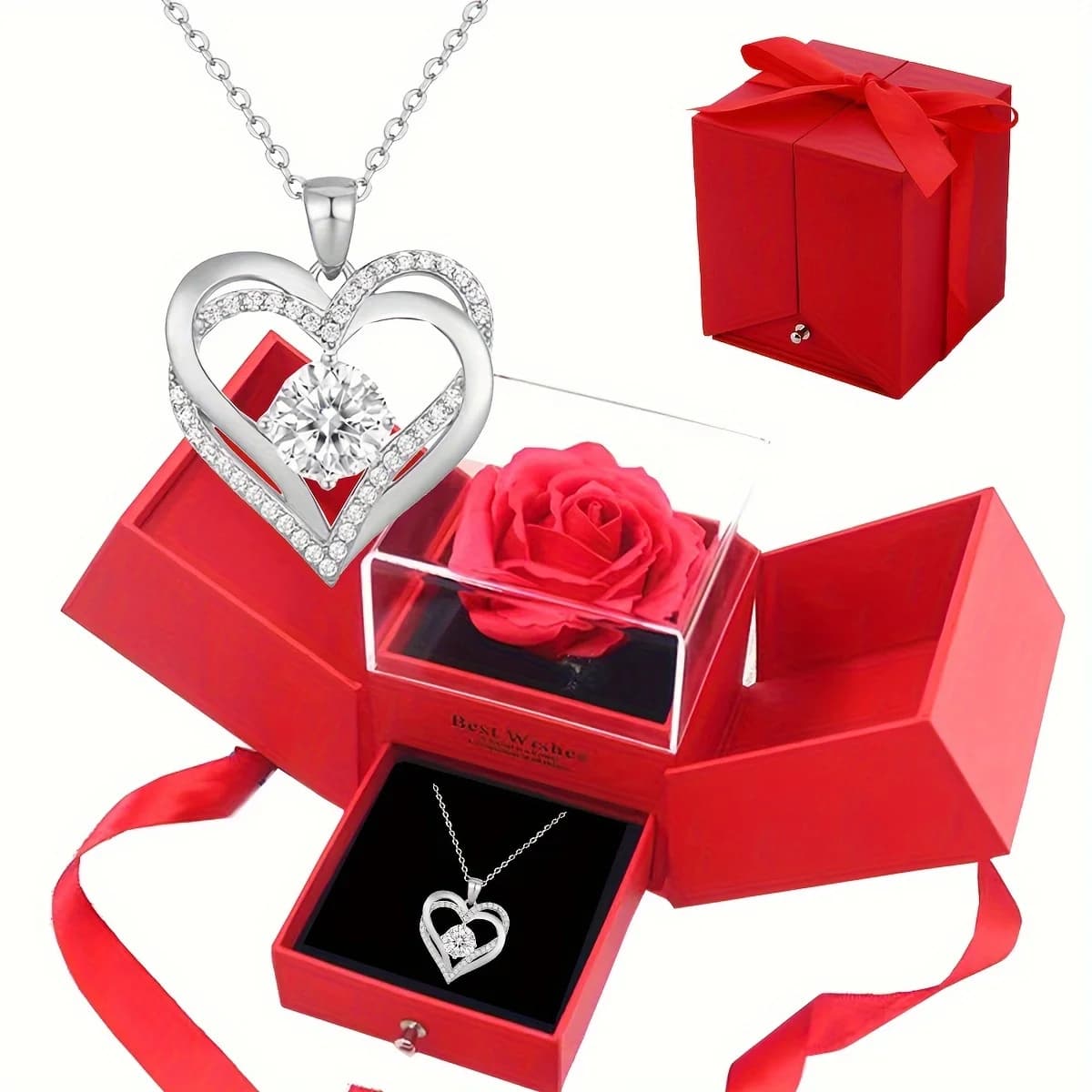 Collier double cœur pour femme dans une boîte cadeau rose - pour mère, femme, petite amie - Saint Valentin, anniversaire, cadeau de mariage