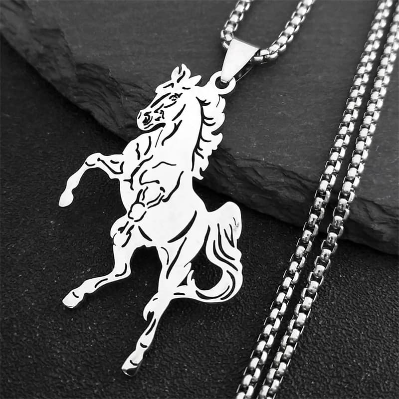 Collier esthétique cheval Animal pour femmes et hommes, en acier inoxydable, couleur argent, porte-bonheur, cadeau de fête de mariage, bijoux N3224S02