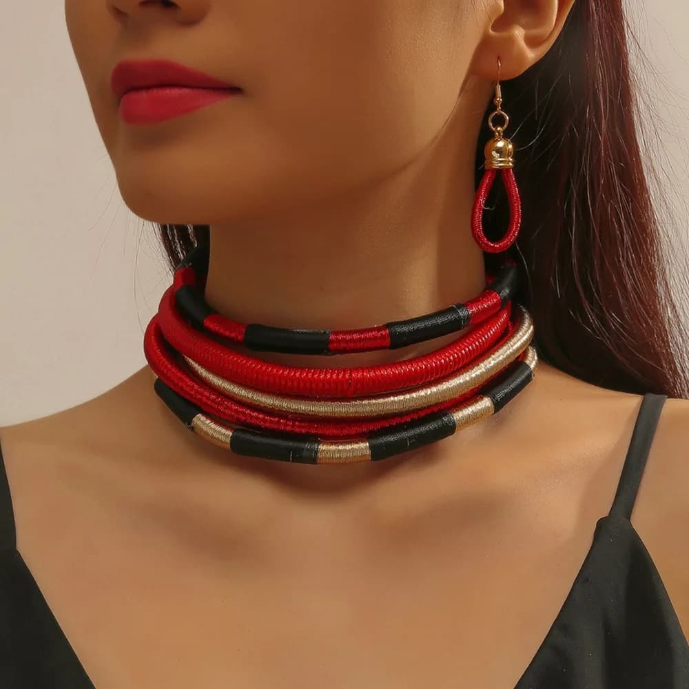 Bijoux de cou Tribal africain, tissage de corde colorée multicouche, bavoir épais, collier et boucles d'oreilles, ensemble pour femmes, accessoires de fête