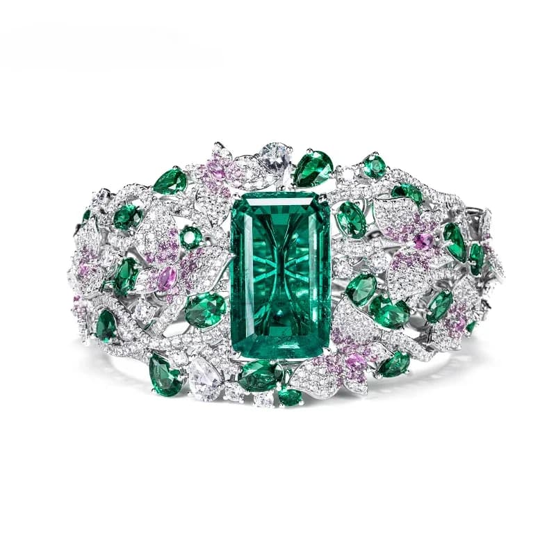 Bellux 925 argent plaqué or émeraude Bracelet haut de gamme bijoux de luxe Banquet fleur feuille verte vigne