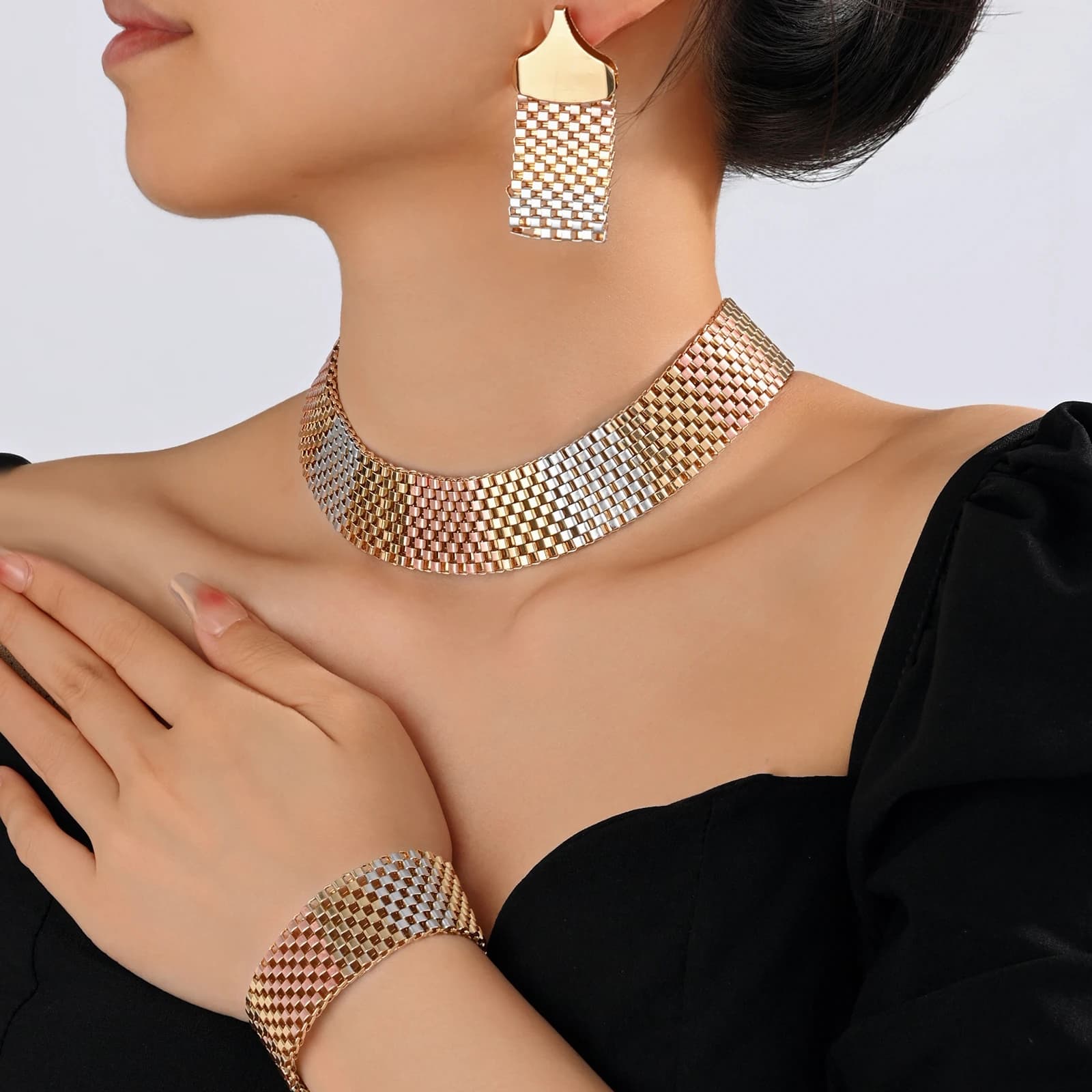 Ensemble de bijoux de Dubaï pour femmes, grand collier, bracelet de style ethnique, boucles d'oreilles, élégant, patients, accessoires de mariage