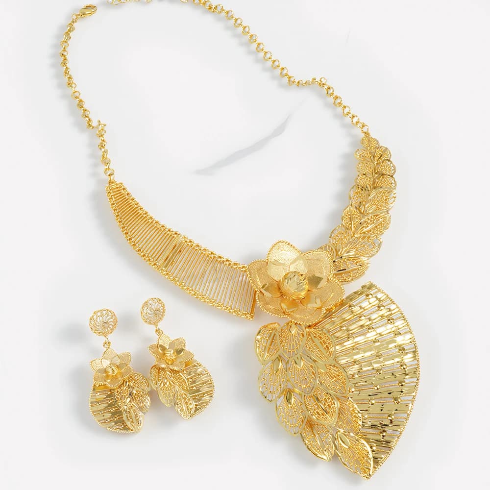 Collier bijoux grand ensemble fleur bijoux africains goutte boucle d'oreille couleur or femmes Design de mode dubaï boucle d'oreille cadeau de fête de mariage