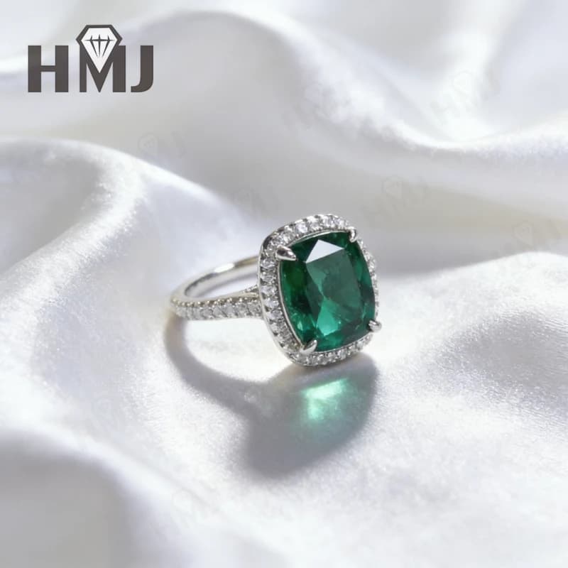 Bagues en émeraude/saphir/rubis de Colombie cultivées en laboratoire, en argent sterling 925, taille coussin allongée, bijoux fins, cadeau pour femme, anniversaire