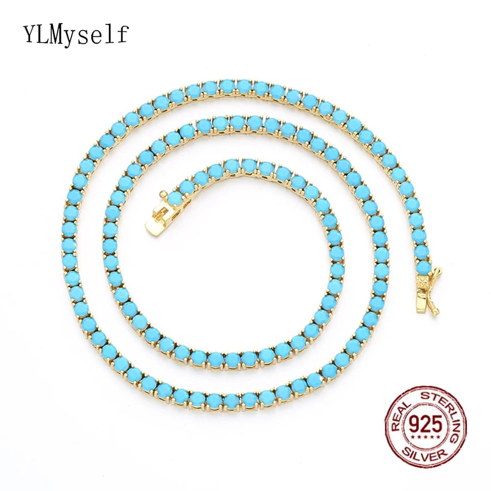 Collier Ras du Cou Tennis en Argent Sterling 925, Pierres Bleues Turquoise de 3mm, Plaqué Or 18K et Rhodium, Bijoux Fins de 16 à 24 Pouces