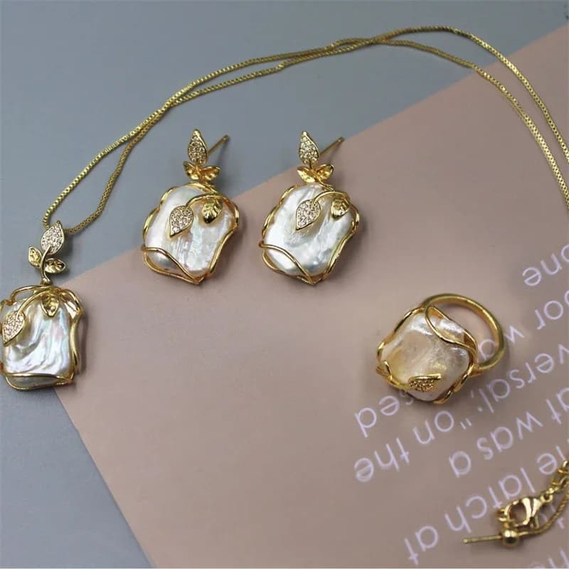 Ensemble de bijoux en perles d'eau douce baroques naturelles irrégulières, feuille de Rose, collier en zircone cubique, bague, boucle d'oreille, bijoux de fête pour femmes