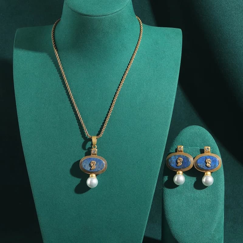 Parure de bijoux vintage camée pour femme, pendentif Avatar, collier de perles, boucles d'oreilles clous en lapis-lazuli, pierre naturelle bleue, pour mariage et fête 2026