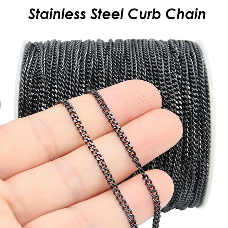 10 mètres - Chaîne noire en acier inoxydable, chaîne gourmette de couleur or, chaîne en vrac pour la fabrication de bijoux, chaîne à maillons gourmette pour collier pour femmes
