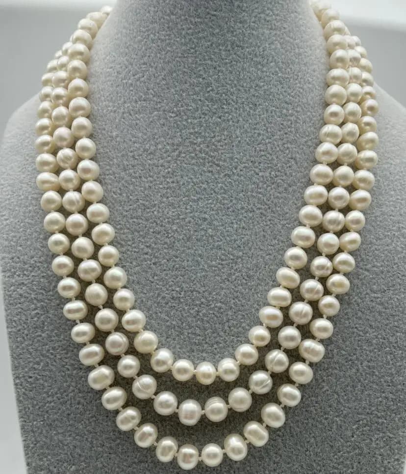 Collier de perles blanches d'eau douce naturelles à 3 rangées de 7 à 8 mm, 17-19 pouces