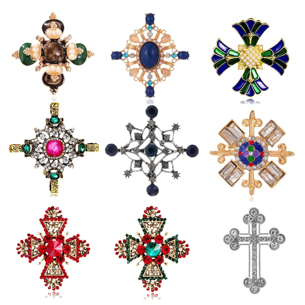 Broche croix de cour Vintage, style Baroque ajouré, perle de cristal brillant, bijoux en métal émaillé pour hommes et femmes, cadeaux