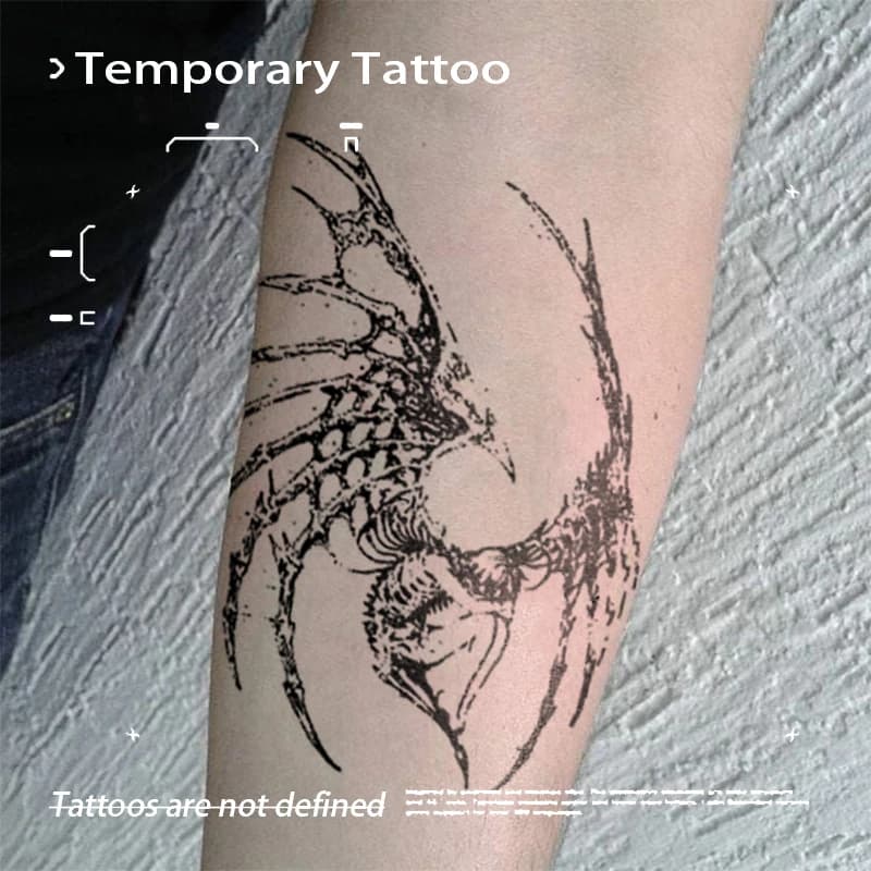 Tatouages temporaires gothiques motif oiseau squelette, autocollants de tatouage à base de jus végétal, faux tatouages imperméables pour bras, art corporel pour hommes, femmes, fête