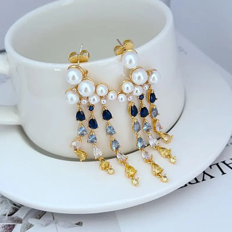 Edward Era rétro perle Bijoux pour femmes 14K or rempli bleu pierre précieuse perle de culture gland exagéré boucle d'oreille Bijoux